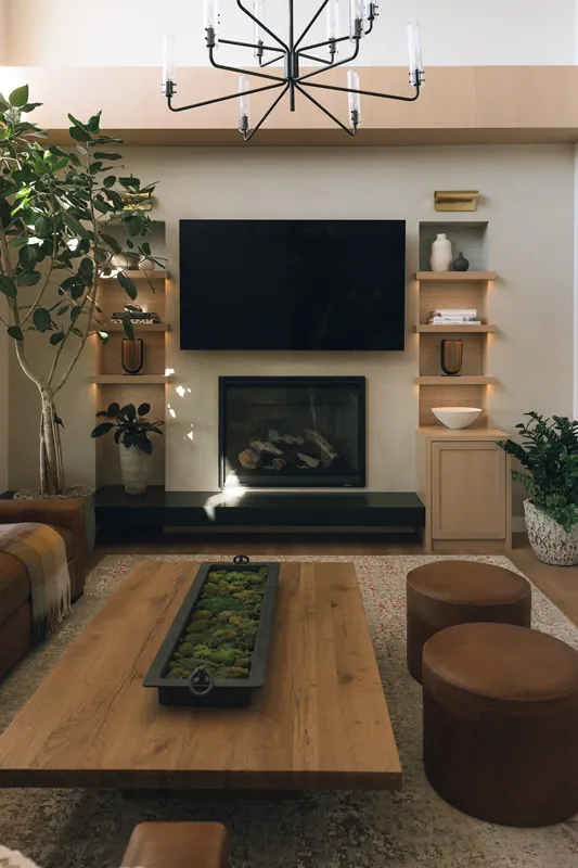 Living room with a mounted TV, fireplace, wooden coffee table with moss decor, potted plants, and built-in shelves.