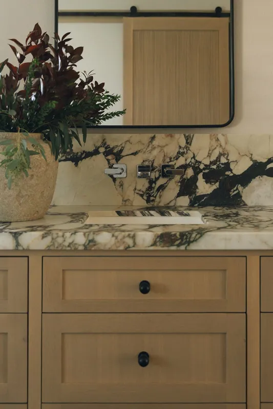 A bathroom vanity with a marble countertop and backsplash, a wooden cabinet with black knobs, a potted plant on the left, and a mirror above the sink.
