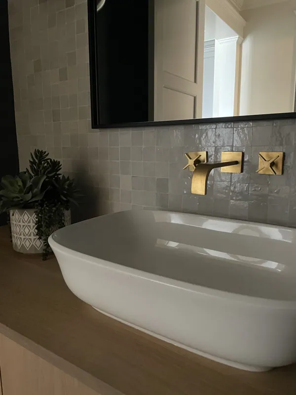 A bathroom vanity with a white basin sink, a gold wall-mounted faucet, and a mirror. There is a plant in a decorative pot on the left side of the vanity.