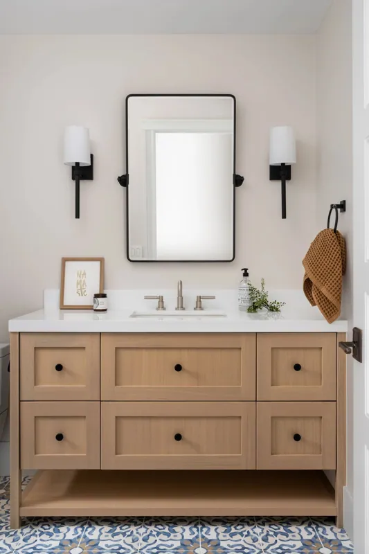 Bathroom vanity with light wood cabinet, white countertop, black knobs, and black framed mirror. Wall sconces on either side of the mirror, brown towel hanging on the right, and decorative items on the counter.