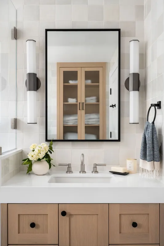 Bathroom vanity with a large rectangular mirror, two wall-mounted lights, a vase with white flowers, a soap bar, a candle, and a towel.