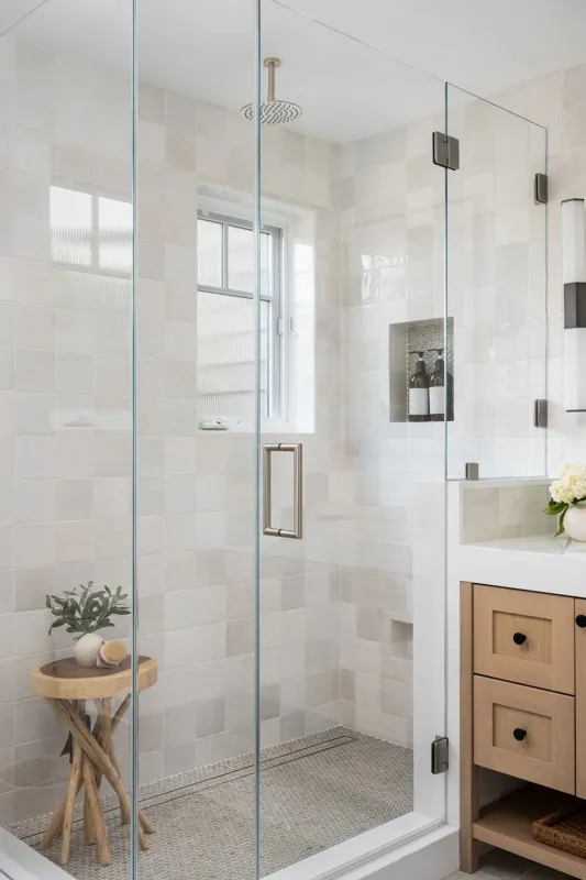 A modern bathroom with a glass shower enclosure, a window, a wooden vanity with a white countertop, and decorative plants.